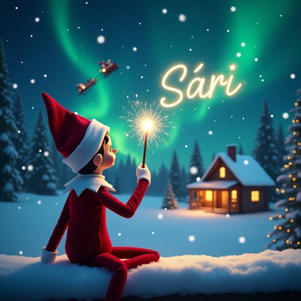 This enchanting scene features an elf on the shelf sitting on a snowy ledge, facing away from the viewer. The elf gazes up into a beautiful night sky filled with twinkling stars and vibrant northern lights. He holds a sparkling wand, writing names in the air, creating a magical effect. In the background, a cozy cabin glows warmly, evoking a sense of holiday comfort. Santa and his sleigh can be seen flying across the sky, adding to the festive atmosphere. The whole image radiates the joy and wonder of the Christmas season.