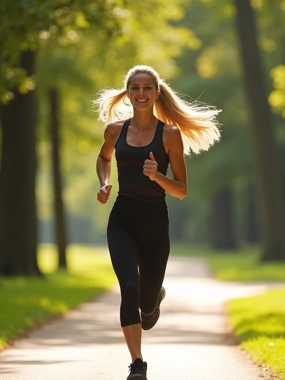 A fit female model runs in a sunlit park. Athletic wear is form-fitting and stylish. Long ponytail flows behind her. Confident and energetic with joyful expression. Background features greenery and tall trees with dappled sunlight on paved path.