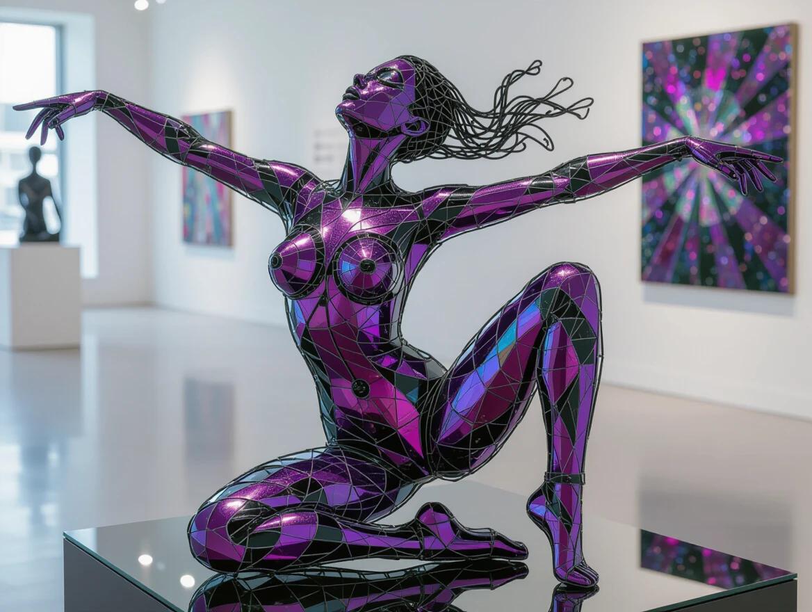 A sculpture of a human figure made from intricate wire mesh. The figure poses dynamically with arms outstretched and one leg bent. The material creates an ethereal look with light reflecting off its metallic surface. Background shows blurred hints of a modern art gallery. Strong highlights and shadows emphasize the figure.