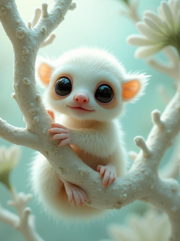 Adorable creature with large glossy eyes resembling a baby sloth or primate Clinging to white coral-like branches in a soft-toned environment