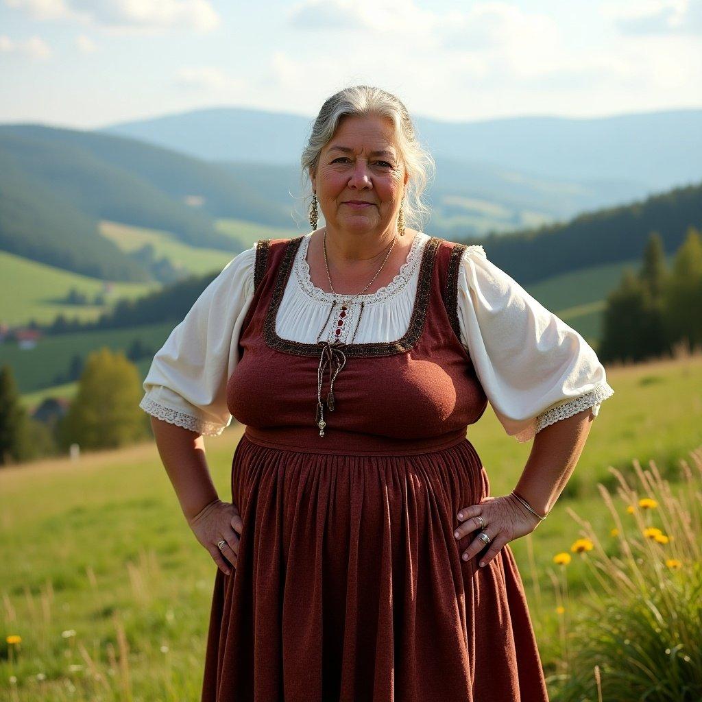 A mature Balkan lady stands in a scenic rural landscape. She wears traditional attire with a focus on her wide hips and thick thighs. The background features rolling hills and a clear sky.