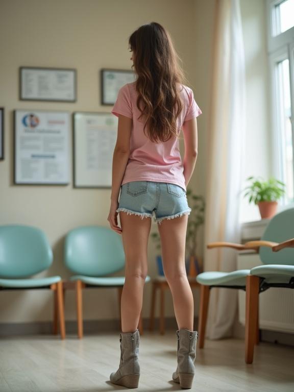 Woman with long hair wearing a pink shirt and boot shorts stands in a children's clinic waiting room. She faces away from the camera. Light comes through the windows.