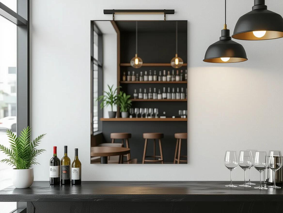 Rectangular mirror 1x2 dark color on a wall. Reflection of bar ambiance. Side view.