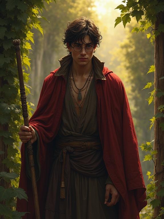 beautiful portrait of a young man in nature. He wears round glasses and robes. Expresses worry and pensiveness. Surrounded by vines and greenery. Holding a staff. Dark heroic fantasy style.