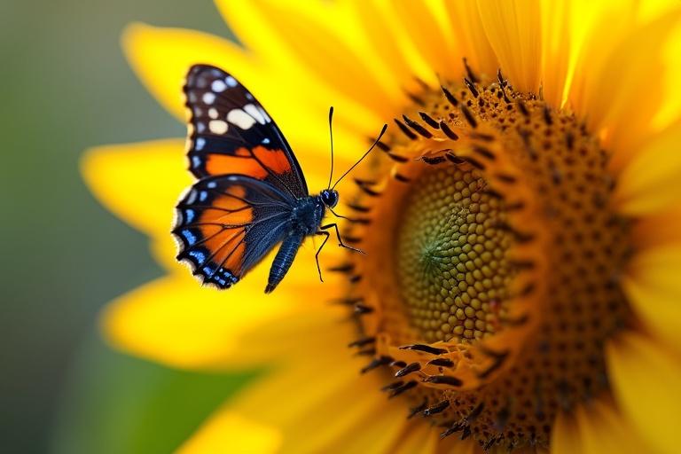 Butterfly hovers near sunflower. Featured detailed wings with blue orange black patterns. Sunflower has bright yellow petals and rich brown center. Softly lit natural setting captures delicate motion. Razor-sharp focus on butterfly's head and sunflower center. Warm sunlight creates a golden glow.