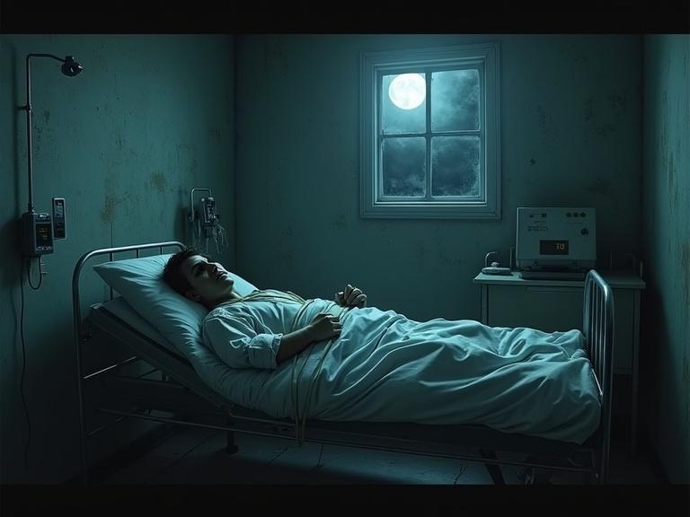 Dimly lit hospital room. Salem lies in bed, pale face, eyes wide open. Oxygen tubes connected. Pulse monitor beeping. Moonlight casts shadows through window.