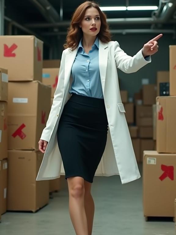 Photograph of a confident woman in a warehouse. She wears a white lab coat and a light blue shirt with a black pencil skirt. Her right hand is extended forward, while her left hand points to the right. Her expression is confident, and she has dark lipstick. Surrounded by cardboard boxes with red arrows, the industrial background features pipes and a red arrow sign. She wears black heels, and the warehouse is cluttered.