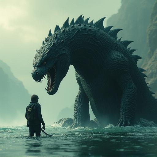 A scene depicting a large, mythical creature in a misty landscape with a person standing on shore. Emphasis on mystery and wonder in the atmosphere.