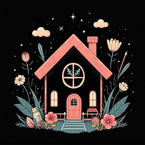 Illustration features a home icon against a black background. Beauty tools float around the home. Colors used are #6B3573 and #F0A07C. Flowers and leaves are included. Hand-drawn style is utilized.