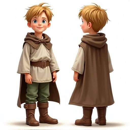 9-year-old boy shown in two views. Close-up face portrait view and full body front view. Wearing a worn-out brown cloak over a white tunic secured by a brown belt. Green trousers and brown leather boots. Smiling with soft features. Consistent lighting and white background.