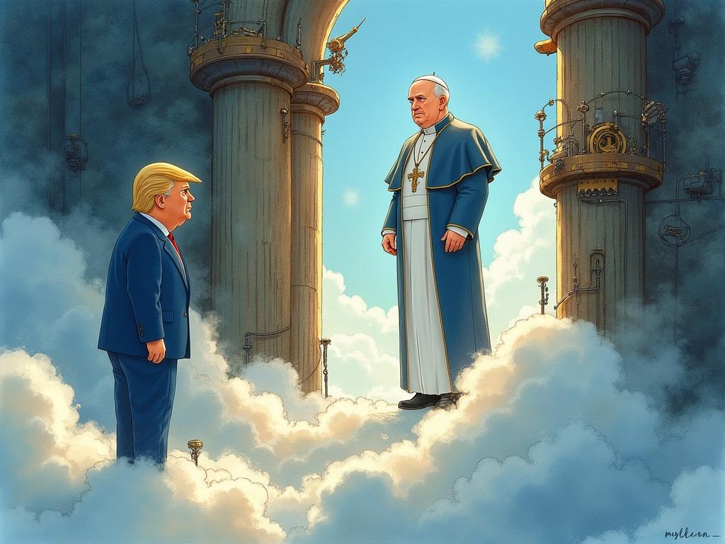 Watercolor illustration in Studio Ghibli style. Pope Francis with serious expression stands on cloud. Donald Trump in blue suit is refused entry through gates of heaven. Dark steampunk atmosphere. Intricate mechanical elements in background. Vivid watercolor palette captures whimsical essence and moody theme. Fine detail on characters' expressions and body language for storytelling.