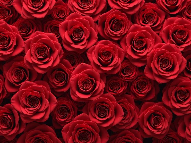 A seamless pattern of tightly packed red roses viewed from above. Fully bloomed roses vary in size and orientation. Richly detailed petals show subtle variations in shade and texture. The pattern tiles seamlessly with no visible edges or breaks. The style is elegant and romantic.