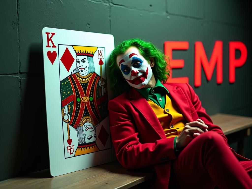 The image shows a character dressed like a card joker, with a bright green wig, vivid face paint, and a red suit. He is leaning casually against a large card, specifically the King of Hearts, which occupies a significant portion of the frame. The scene has a dark, urban vibe, with a textured wall in the background. Adding the word "EMP" in vivid red color to the card's background would enhance the theme and aesthetic. The word should be carefully integrated to maintain the overall balance and style of the image, complementing the existing color palette dominated by greens, reds, and whites.