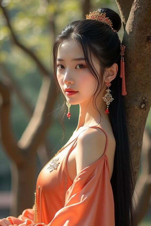 Full body image of an extremely beautiful young Chinese woman in a silk traditional dress. She leans against a tree in a Chinese garden. Sunlight illuminates her figure.