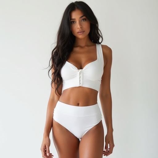 A woman in a white two-piece outfit poses confidently in a bright setting. The focus is on the outfit and her figure. Natural lighting enhances the scene.