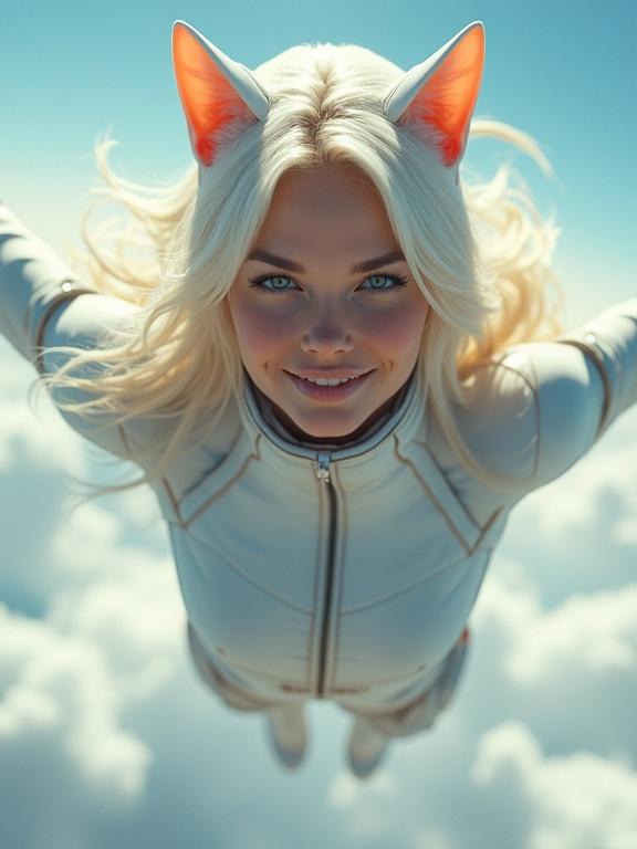 Photorealistic upper body shot of a slender muscular woman with long platinum blonde hair and blue eyes flying through the sky. Smiling with dimples and luscious lips. Features cat ears and tail matching her hair colour. Wearing a futuristic space uniform with a helmet folded back.