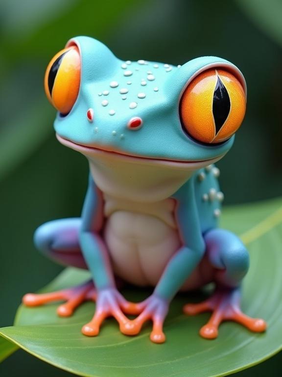 This image features a fantastical, stylized frog-like creature perched on a green leaf. The creature has a light turquoise blue body with small white bumps. The underbelly and limbs shift into lavender and pastel pink hues. The eyes are large yellow-orange with pinkish-red edges. The leaf is rich lime green with visible vein patterns. The background is a smooth teal gradient. The creature exudes a calm, serene demeanor.