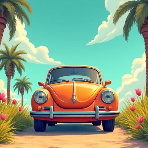 Image realistic about vehicle in the summer. A vintage orange car on a sunny road surrounded by palm trees and colorful flowers.