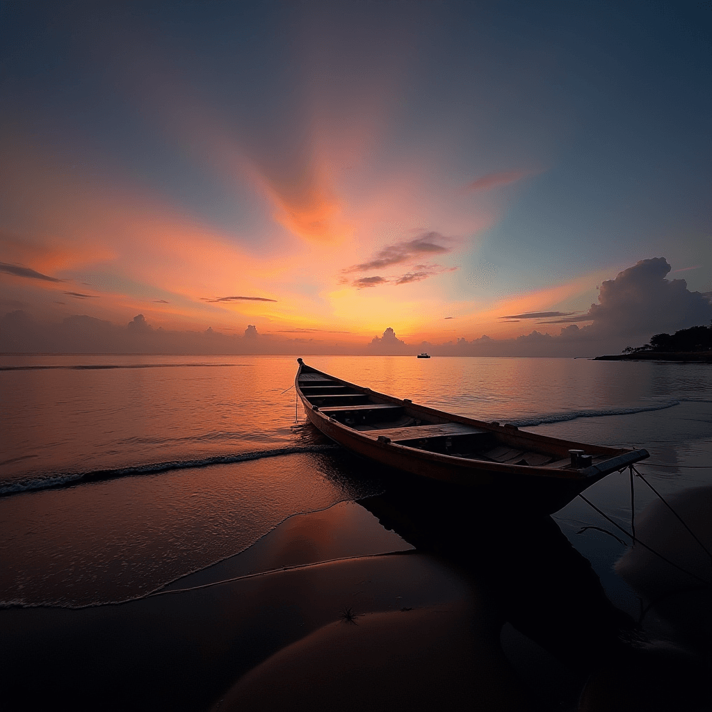 A solitary wooden boat rests on the tranquil shoreline at dawn, with a vibrant sky painted in hues of orange, pink, and blue reflected on the calm water.