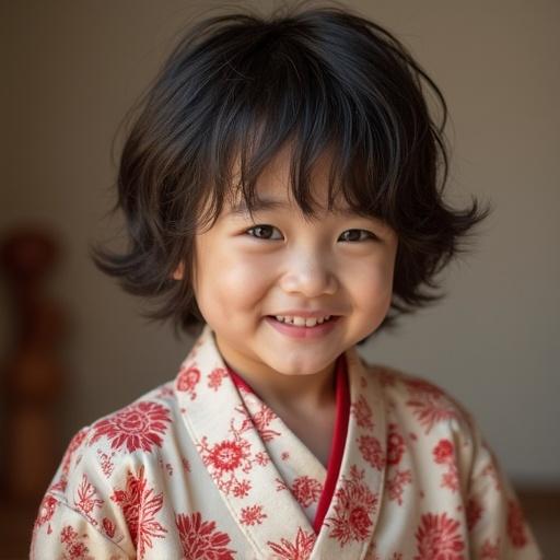 Young child wearing a traditional Japanese kimono, smiling happily, natural setting, warm and inviting atmosphere.