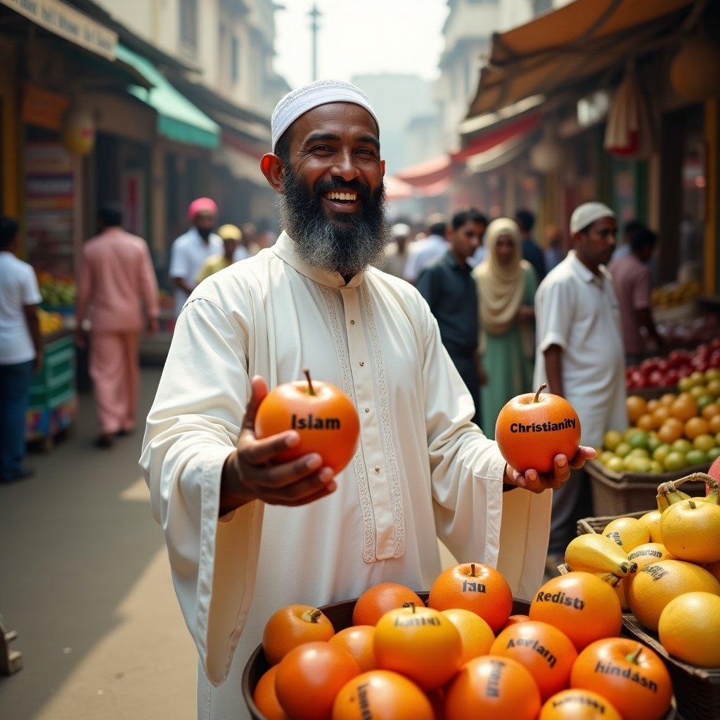 A preacher with a white robe and cap sells fruits in a busy market. Each fruit is labeled with a religion. The preacher smiles widely, offering the fruits. The market background is bustling with vendors and shoppers, showcasing a vibrant atmosphere.