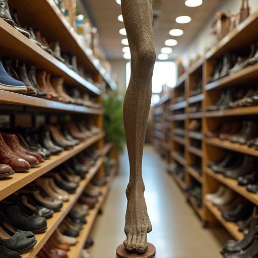 Disembodied foot sculpture is displayed in a shoe store. Numerous shelves filled with various pairs of shoes surround it. Bright lighting illuminates the space. A unique perspective emphasizes the surreal aspect of the foot.