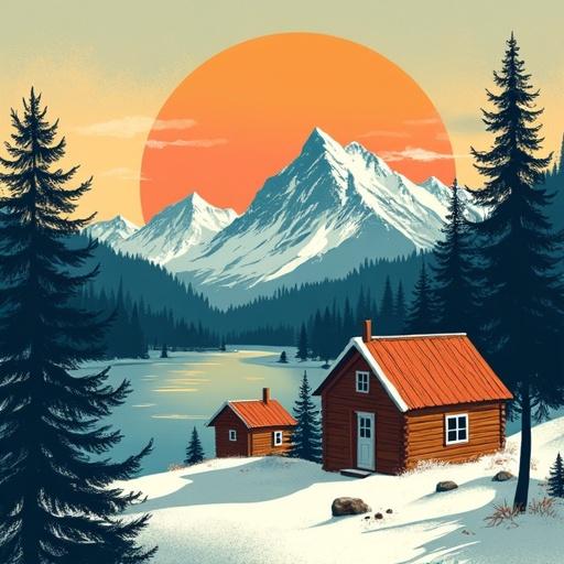 Mountain lake with wooden huts. Snow-covered ground. Pine trees surrounding. Bright sunset background. Vintage style with Boho influences.