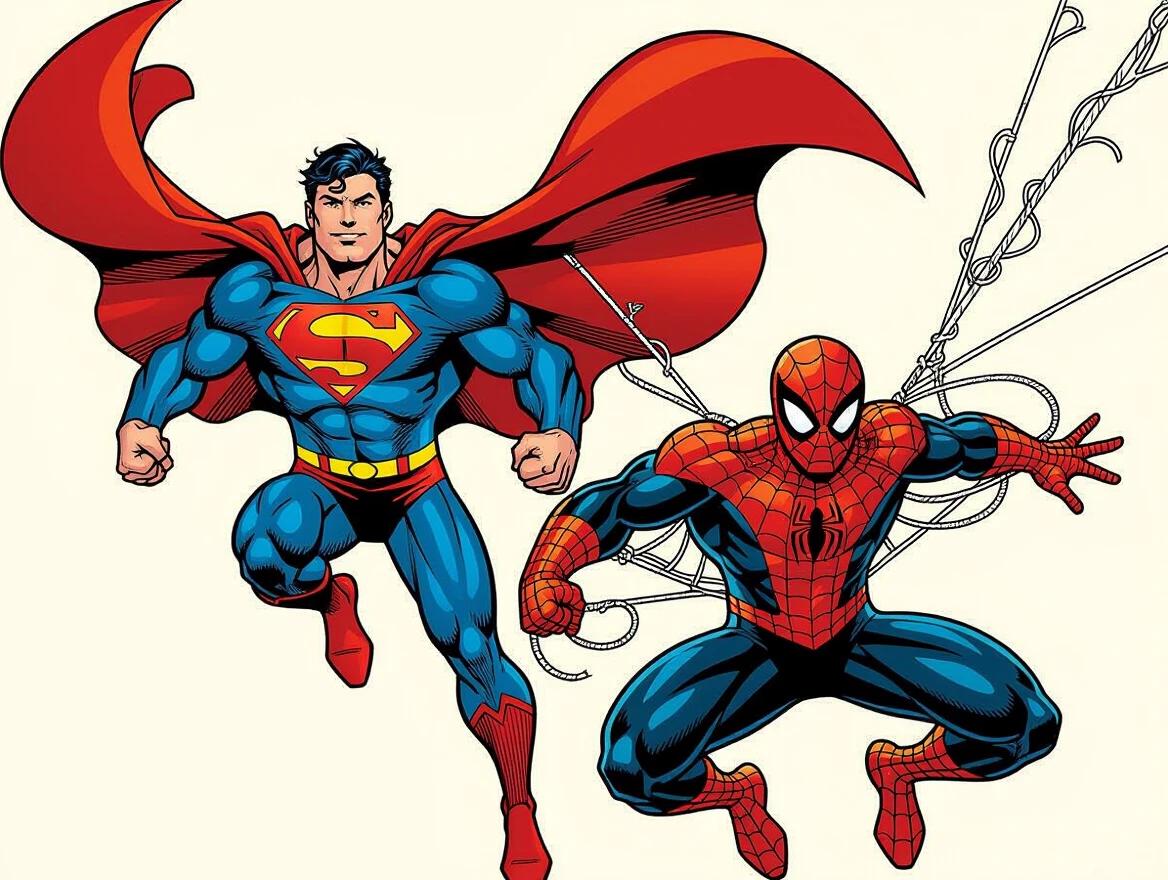 Superman and Spider-Man flying in a dynamic pose. Bright colors and heroic expressions. Action-packed illustration.