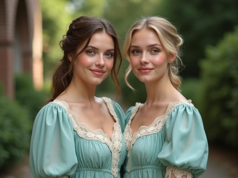 Portrait of two women standing shoulder-to-shoulder in a garden. Both women have shoulder-length hair styled softly. They wear light teal-blue dresses with off-white lace trim. The posture is relaxed and elegant. The background is blurred with greenery.
