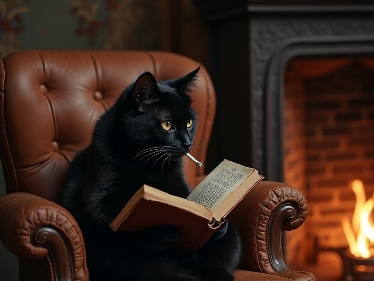 A realistic rendering of a young humanoid black cat sitting in an old armchair by a fireplace. Cat holds a book with a cigar in its mouth. Warm atmosphere with a vintage style.