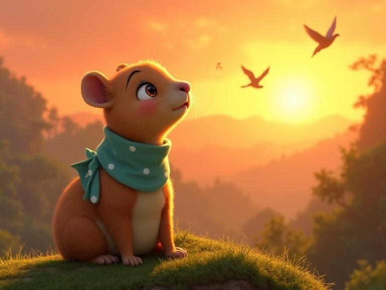 A cute capybara with golden-brown fur and big eyes sits on a hill at sunset. A light teal scarf with white dots is around her neck. She looks dreamily at birds flying in the glowing sky. The atmosphere is serene and whimsical.