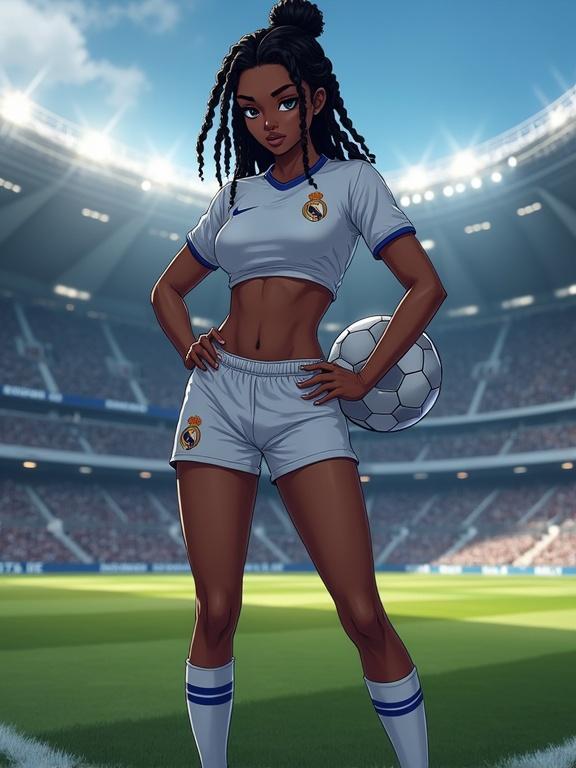 Digital illustration of a woman in a Real Madrid jersey on a soccer field. She poses with one hand on hip and holds a ball, showcasing her athletic figure. The background features a grand stadium with floodlights and a vibrant atmosphere.