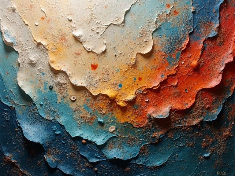 Multilayered abstract artwork with a texture-rich surface. Incorporates a variety of materials. Shows luminous colors with depth perception. Emphasizes beauty and stunning composition. High resolution.