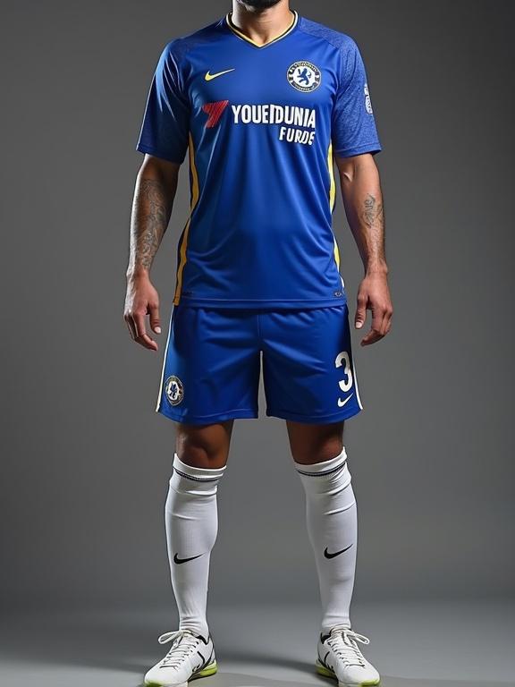 Leão vestido com uniforme do Chelsea. Uniforme azul com detalhes em amarelo. Atleta posando de frente. Meias brancas e tênis.