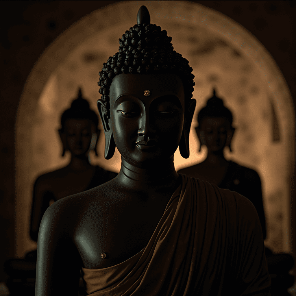 A serene Buddha statue beautifully illuminated against a softly blurred background of similar figures.