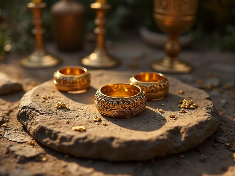 Detail of an ancient stone ritual table. Golden ornate rings rest on the table. Hands of a young man, not adorned, are not touching the rings. Blurred background with Greek symbols. Spot lighting from above emphasizes the gold shine.