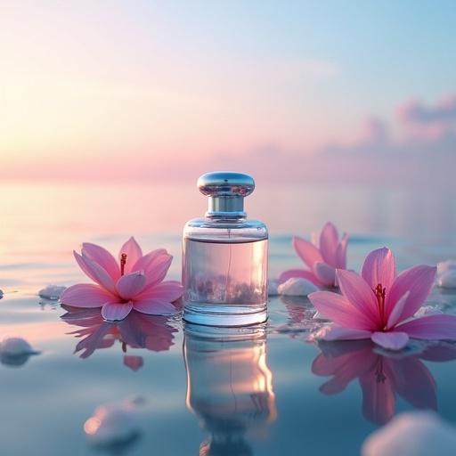 Photograph of a delicate perfume bottle floating in a serene sea surrounded by vibrant flowers. The perfume bottle is clear glass with a silver cap. The flowers are pink and white lilies scattered around the bottle, some submerged. The sky features a gradient of pastel blues and pinks. The scene captures a serene beach at sunset.