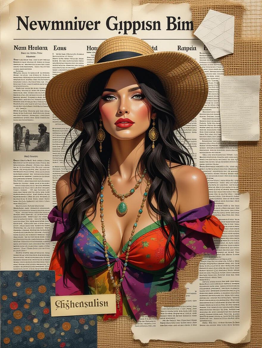 Artistic depiction of a gypsy woman with vibrant colors. Features a collaged background with newspaper elements and textures. Mixed media with oil painting effects. Stunning and evocative visual.