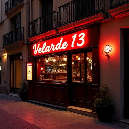 Night scene of a bar named Velarde 13 in Malasaña Madrid. Summer atmosphere. Edward Hopper style. Warm light illuminating the bar facade.