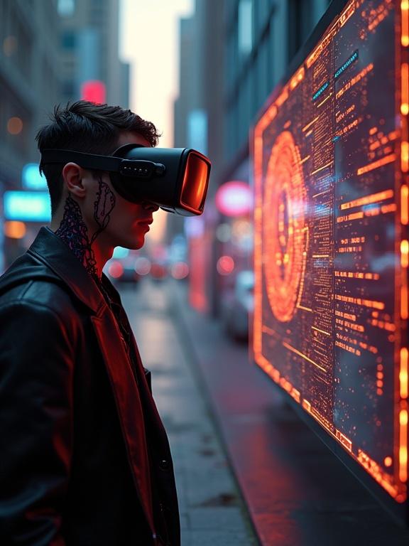 A neon-lit cityscape features a figure in a virtual reality mask. The figure gazes at a holographic interface showing a digital database. The golden hour light illuminates cybernetic enhancements. This is a high-definition photograph with sharp details and vibrant colors.