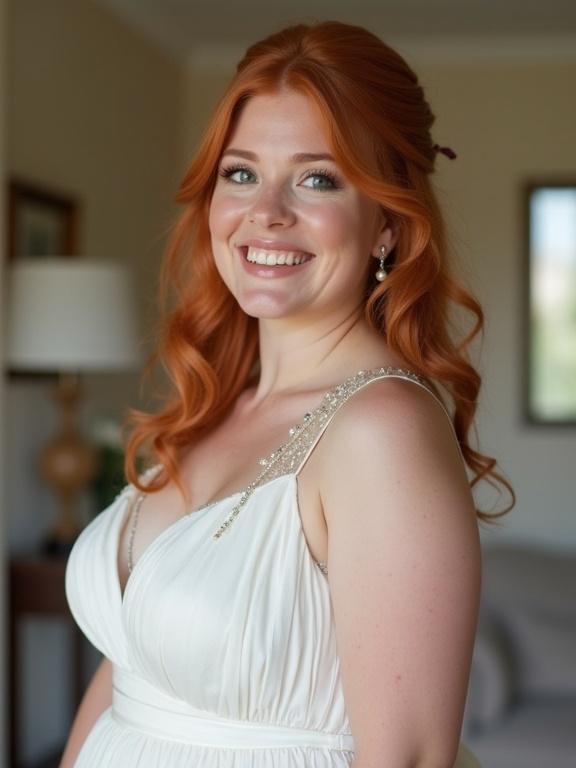 20 year old woman in a white wedding dress with long red hair. She is standing and smiling while looking playfully at the viewer. Captured from a closeup side view. Appears youthful and happy.