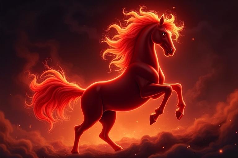 Majestic red horse rears up against a dark anime background with swirling elements.