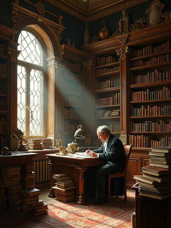Library with towering bookshelves filled with ancient tomes. Scholar sits at a desk reading a book. Soft golden light fills the room. Stacks of manuscripts surround the scholar. Baroque and gothic inspirations are evident in design.