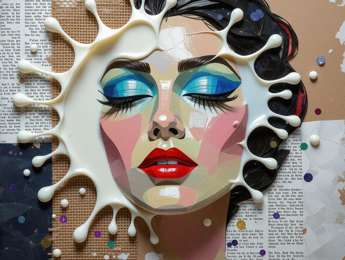 Artistic representation featuring a splash of milk on mixed media elements. Various textural materials include newspaper, jute fibres, wood, sand, glittering confetti, and origami. Image showcases collage techniques with visible scratches and tears in the materials. Close-up shot highlights the unique textures and layers.