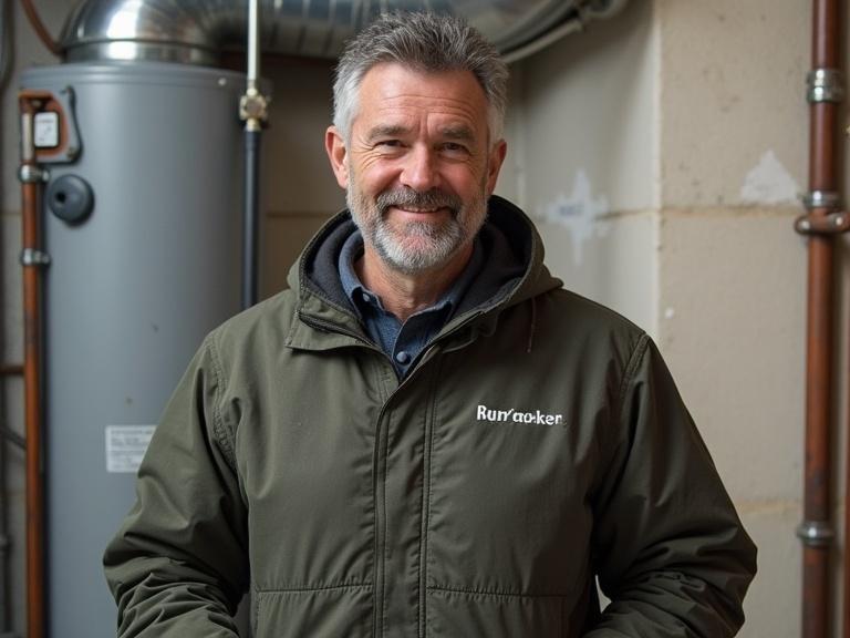 Man smiles in green jacket standing indoors next to heating equipment. Background includes pipes and a water heater.