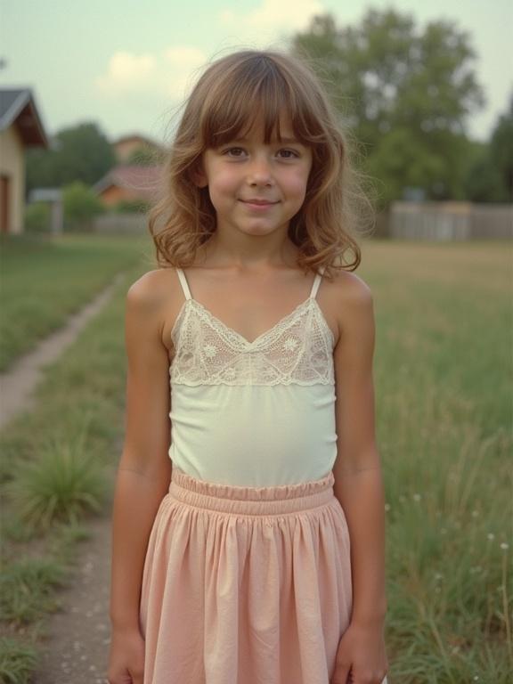 A young girl stands in a grassy area. She wears a Pleated Skirt and a Lace-Trimmed Cami. The background is softened with a natural setting. The photo appears low resolution and has vibrant colors. The aesthetic reflects early mobile photography.