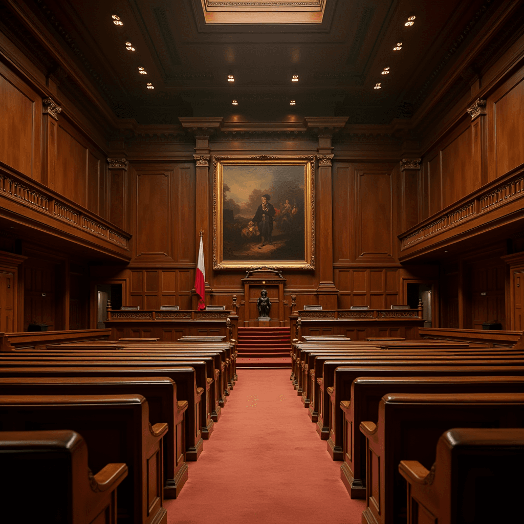 A grand courtroom interior with wooden paneling, red carpet, and a large painting behind the judge's bench.