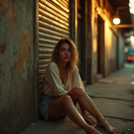 A young woman leans against a peeling storefront in a cramped alleyway. She wears a stained silk blouse and frayed skirt. Cigarette burns in the gutter. Her expression is a mix of resignation and defiance. The air is thick with exhaust and damp concrete. Overhead light flickers, illuminating her face in amber tones. Background is blurred with motion.