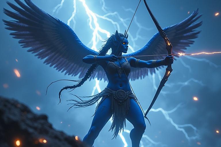 Na'vi female archer with glowing blue skin and wings in a stormy background. She draws a bow aiming midair. Thunder and lightning create a dramatic atmosphere. Beads in braided hair and traditional attire. Strong facial expression reflecting focus. Winged beast in the background.
