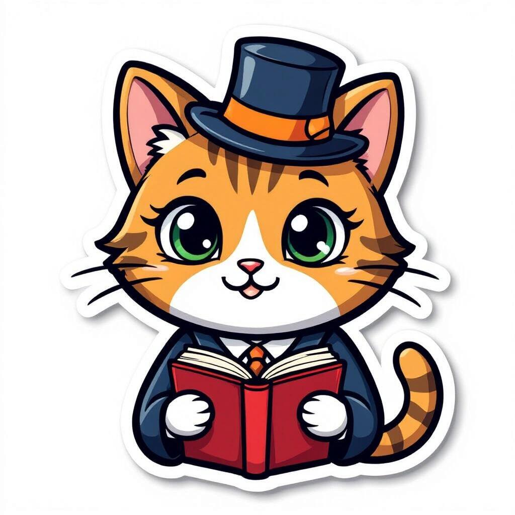 Sticker design of a cartoon cat as an English teacher. Cat has a top hat and holds a red book. Cat looks friendly and intelligent. Use vibrant colors.